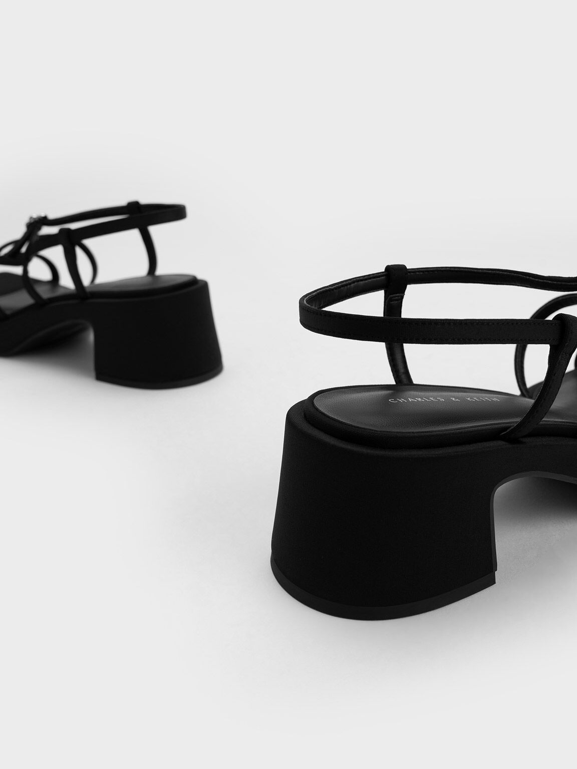 Flower-Buckle Strappy Sandals, Black, hi-res