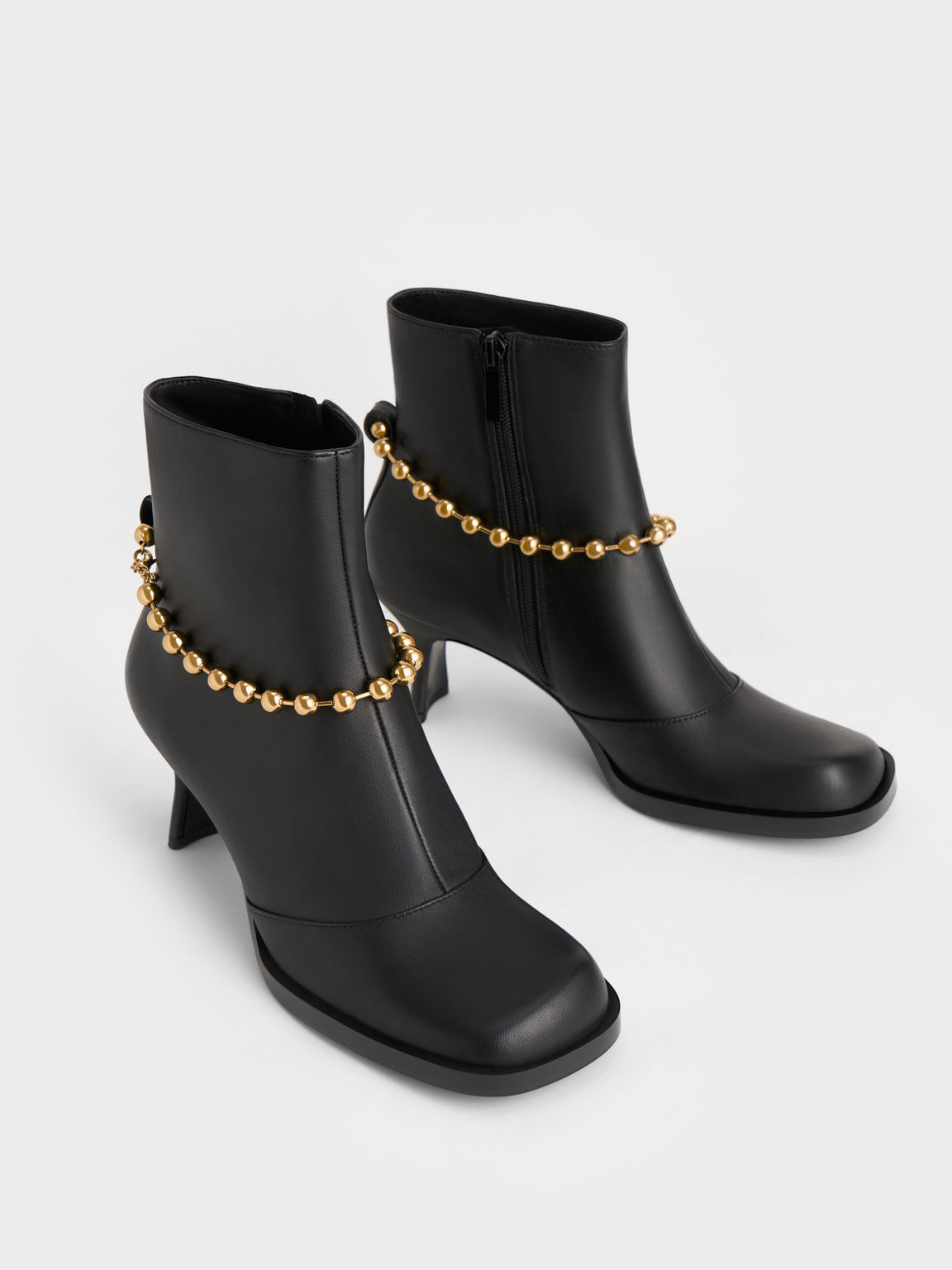 Beaded-Link Leather Ankle Boots, Black, hi-res