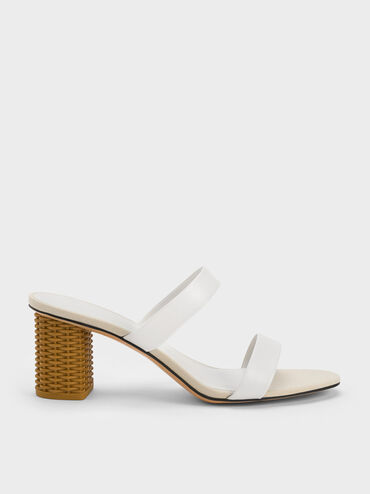 Rattan Block Heel Sandals, White, hi-res