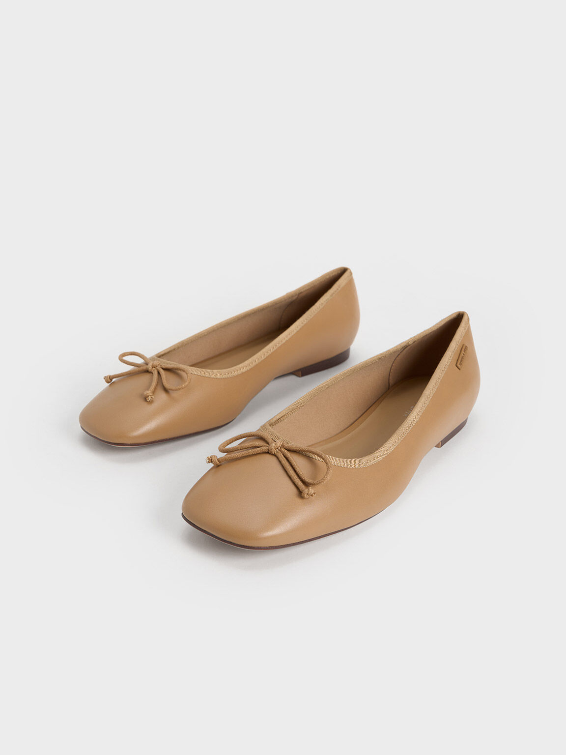 Rounded Square-Toe Bow Ballerinas, Camel, hi-res