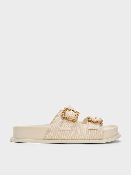 Sandalias con doble tira y hebilla de tejido, Blanco tiza, hi-res