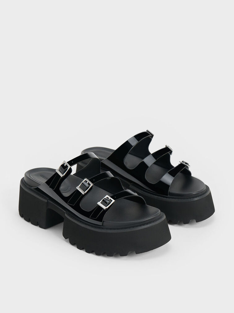 Black Nadine Patent Triple-Strap Platform Sandals - CHARLES & KEITH SG