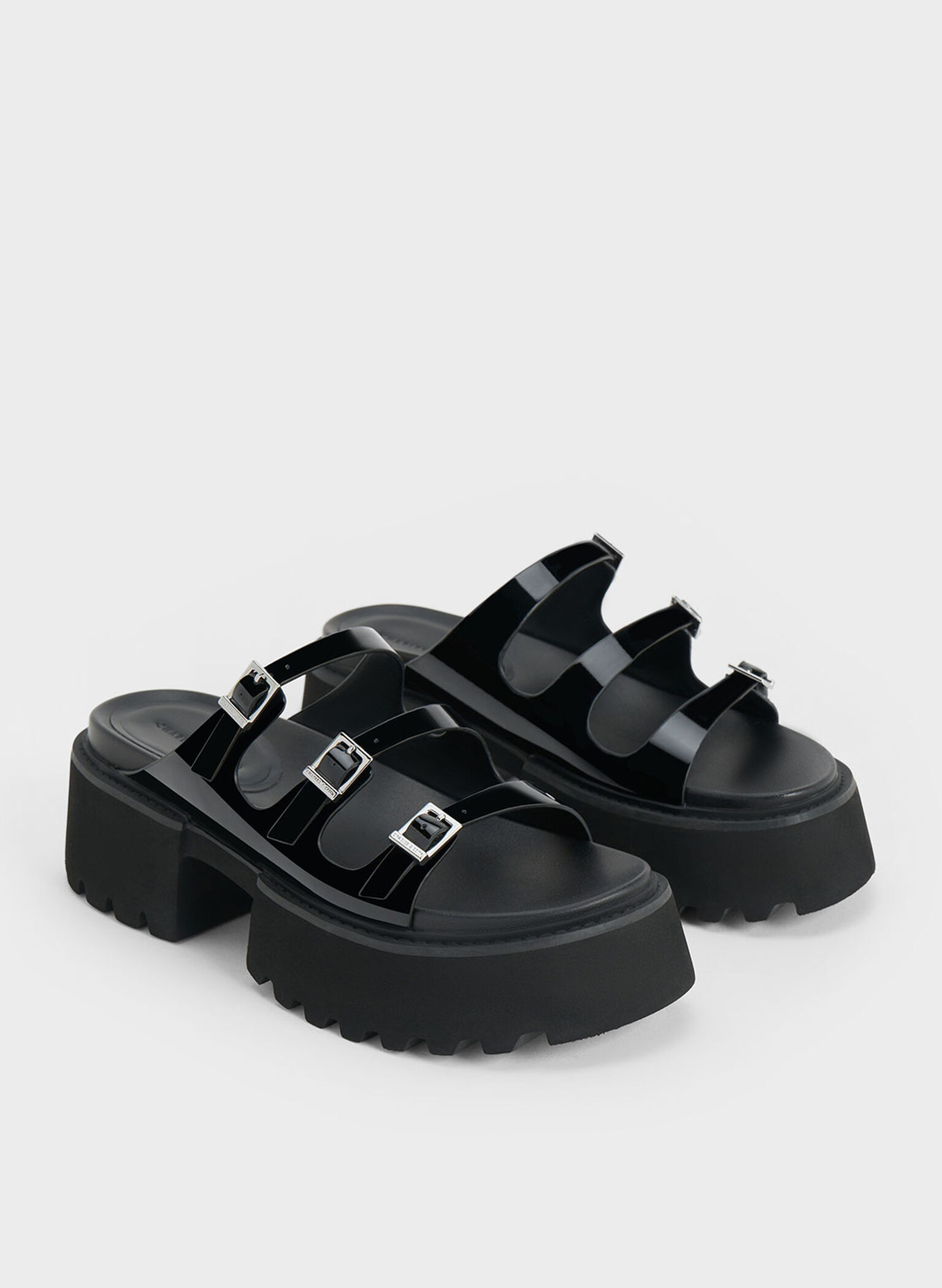 Nadine Patent Triple-Strap Platform Sandals, Black Patent, hi-res