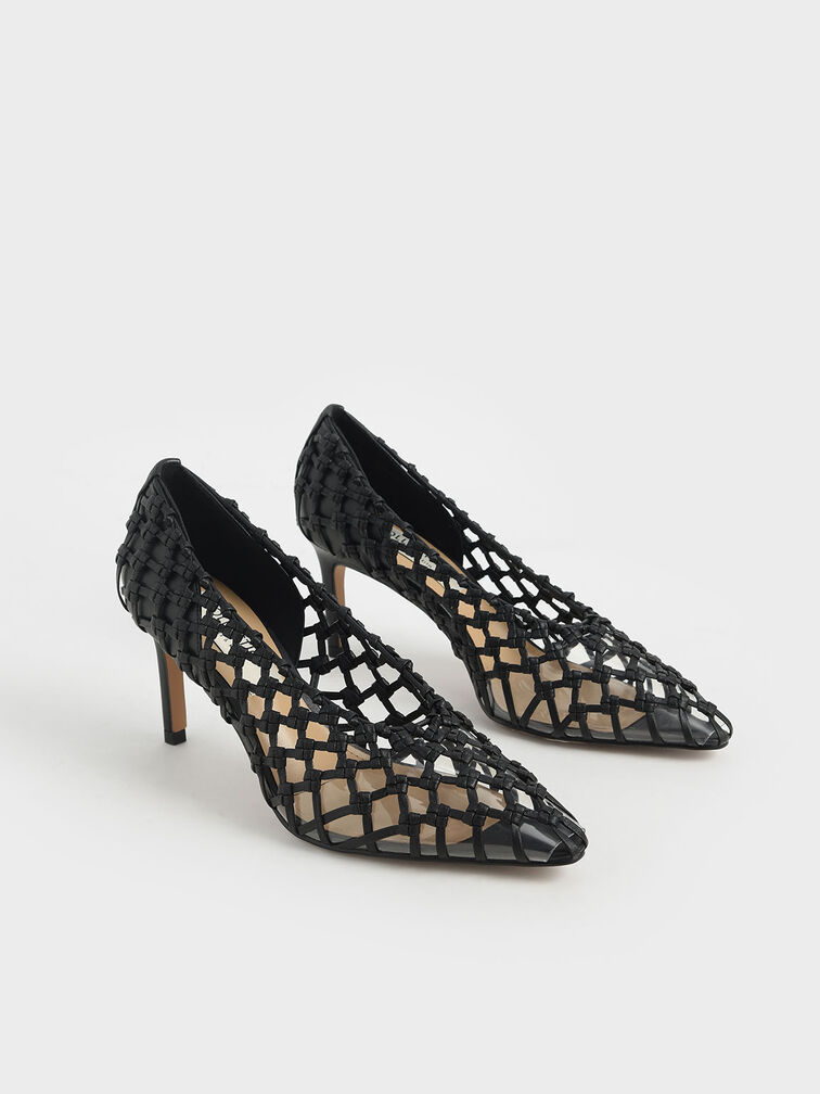 Woven Caged Pumps, Black, hi-res