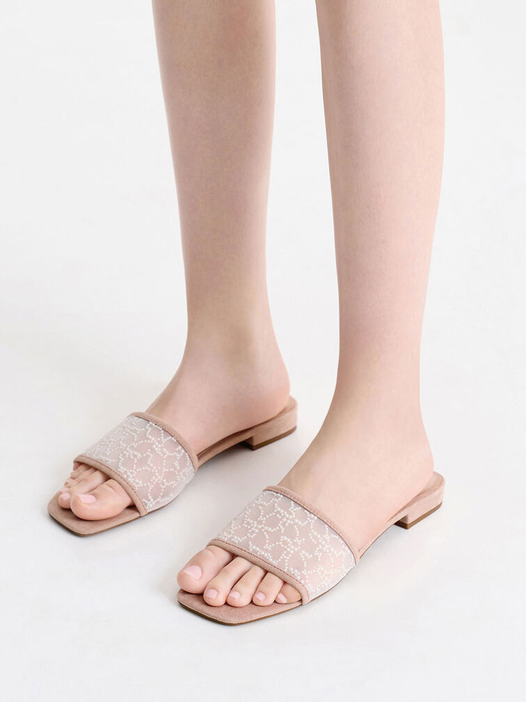 Sandalias Planas de Malla con Detalles de Cuentas, Nude, hi-res
