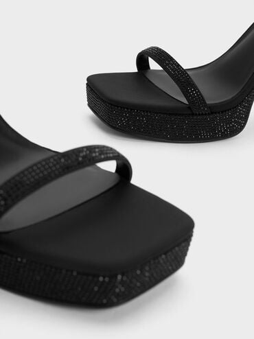 Sandalias de plataforma con cristales y correa al tobillo, Negro texturizado, hi-res