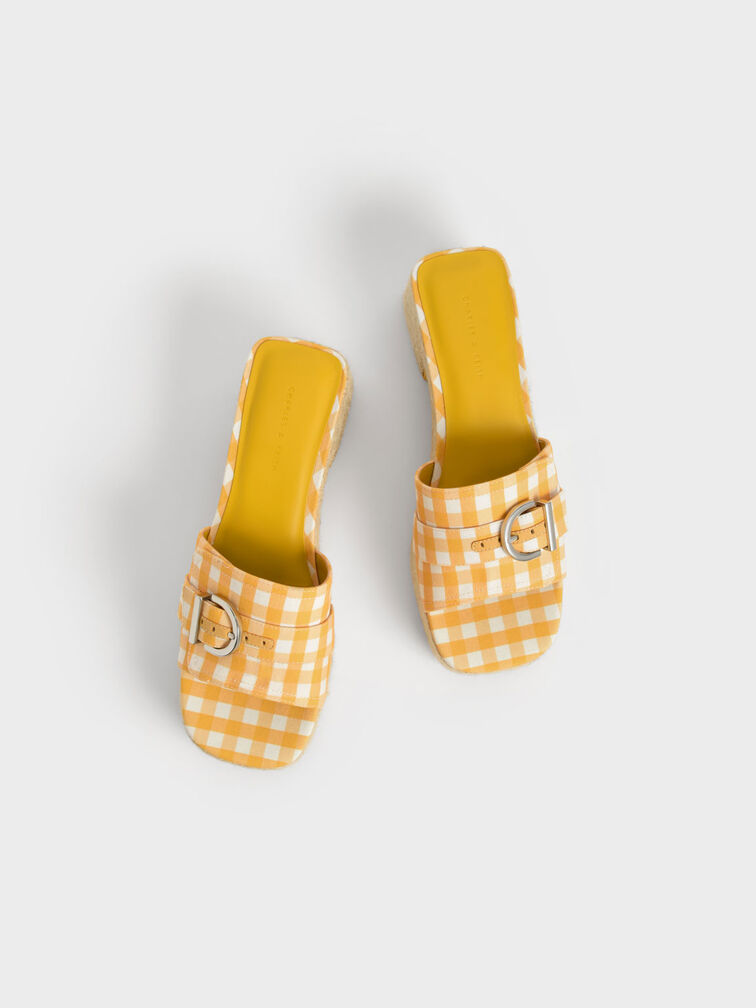 Buckled Linen Gingham-Print Platform Espadrilles, Yellow, hi-res