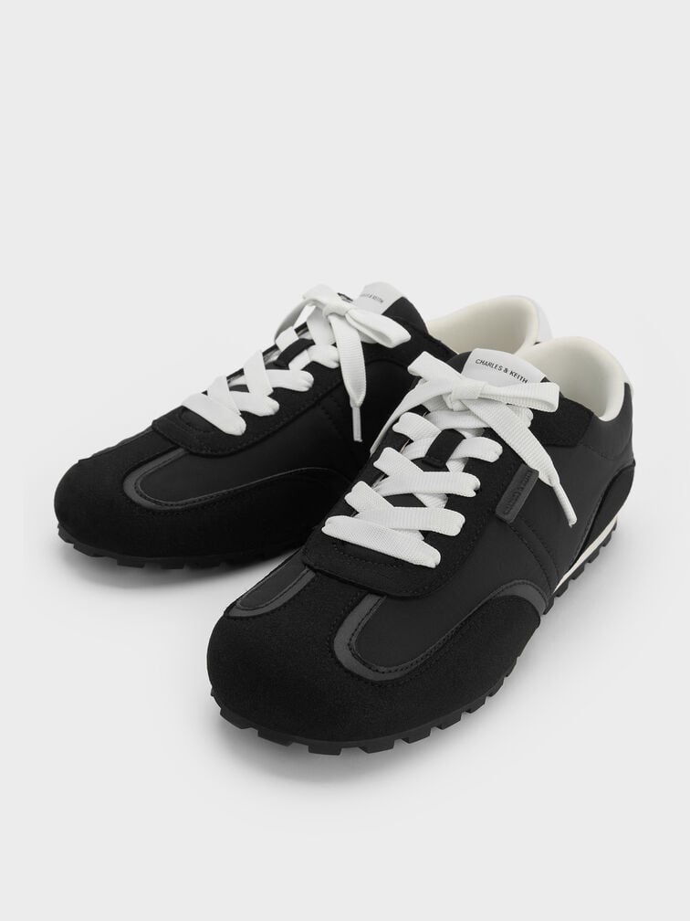 Nylon Contrast-Panel Lace-Up Sneakers, Black Textured, hi-res