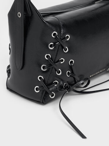 Bolso de hombro con cordones y ojales Xylia, Noir, hi-res