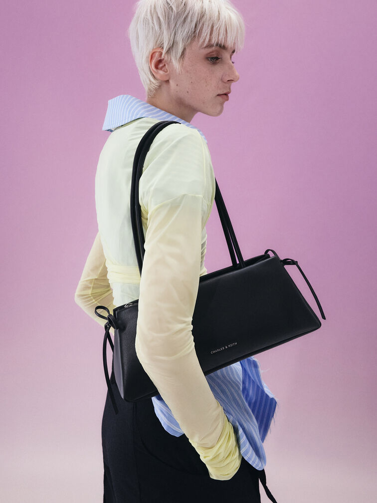Hazel Bow Elongated Trapeze Shoulder Bag, Noir, hi-res