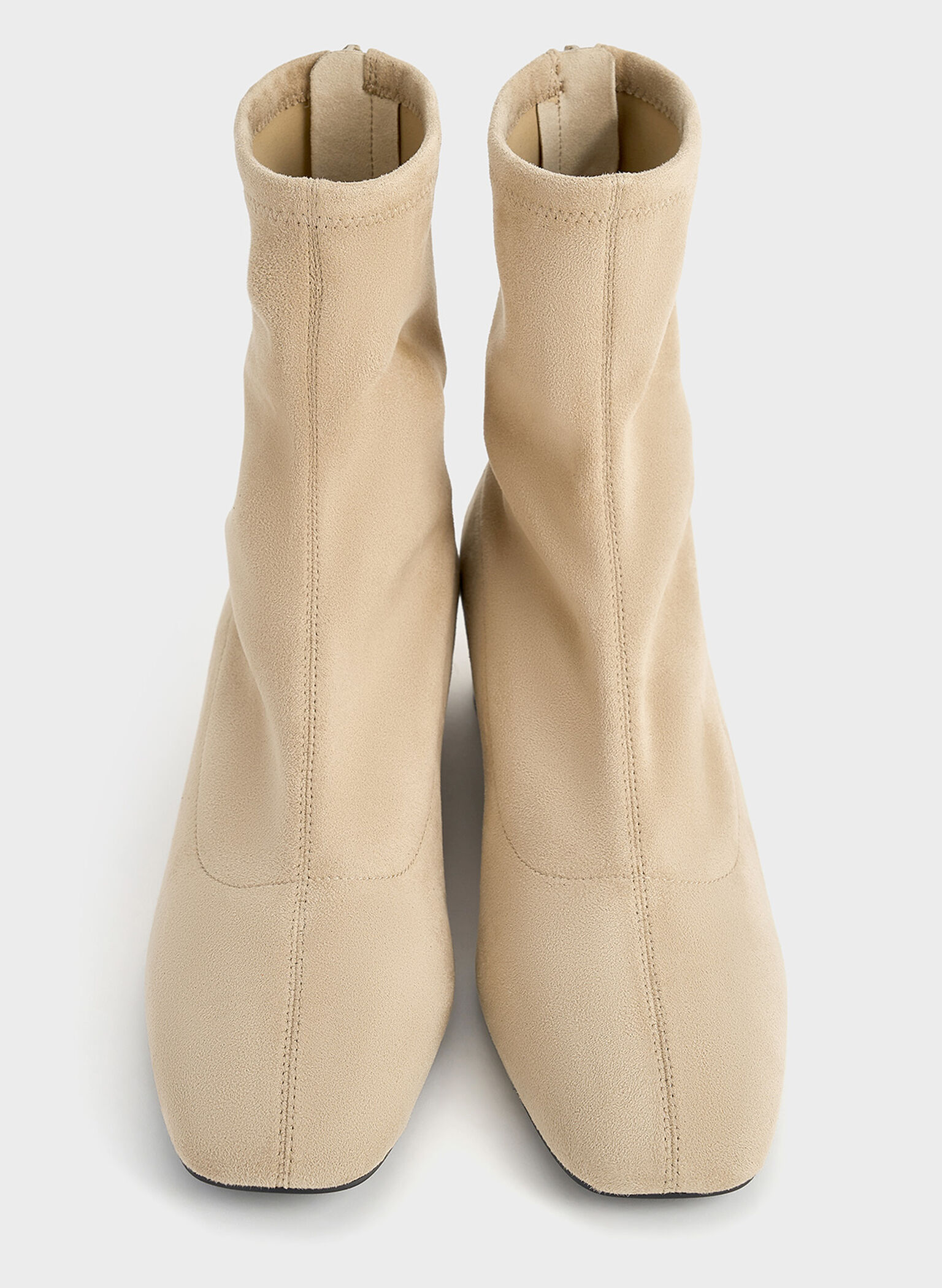 Faux Suede Stitch-Trim Heeled Ankle Boots, Sand, hi-res