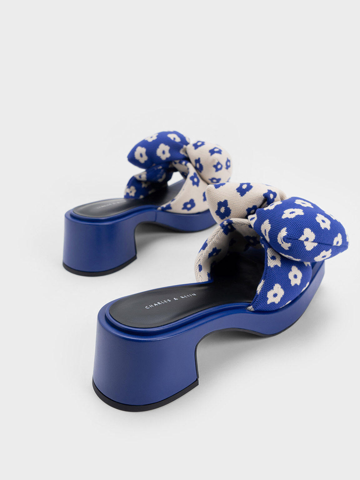 Floral Puffy Bow Heeled Mules, Blue, hi-res