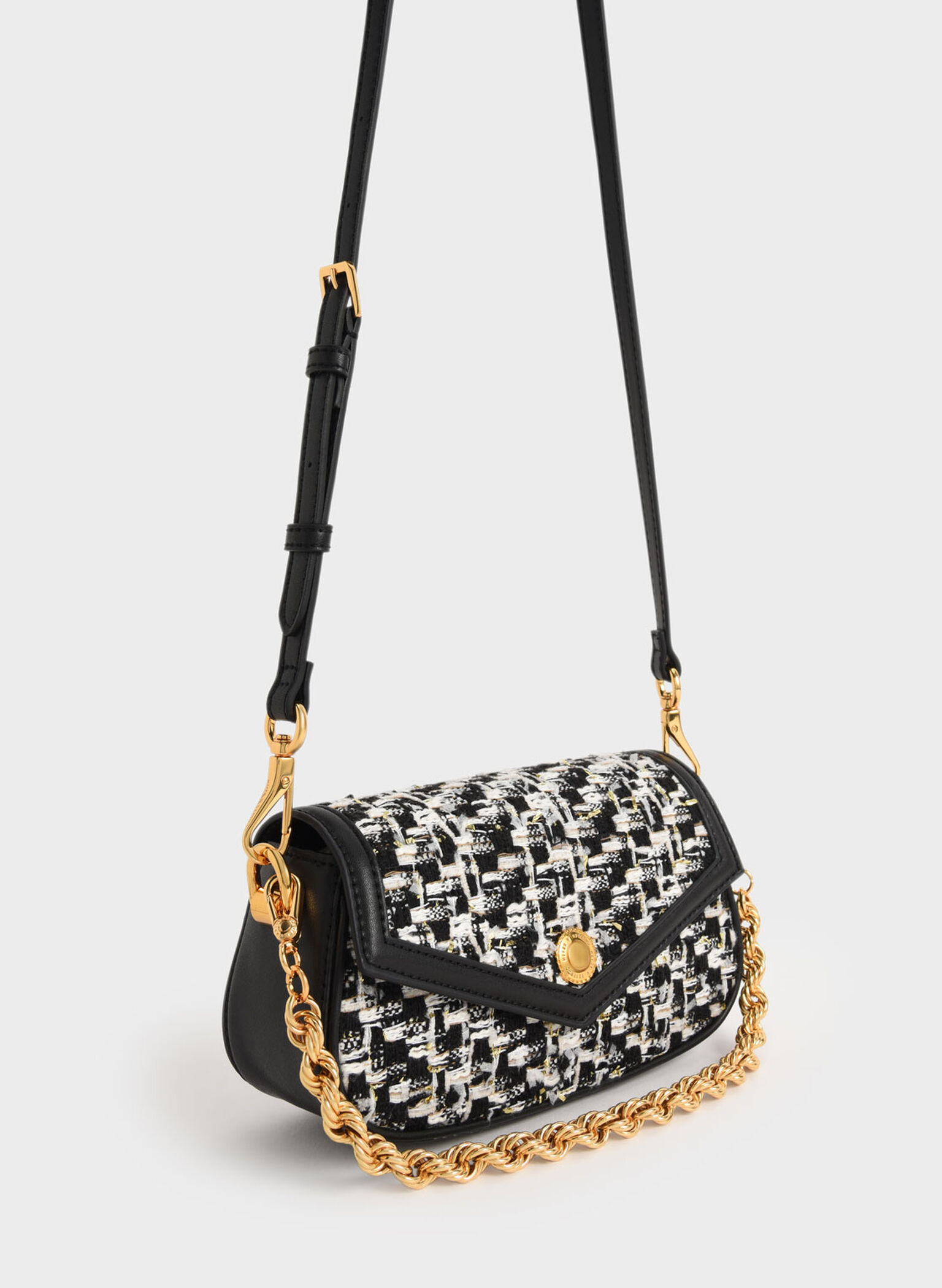 Black Este Tweed Chain Handle Bag - CHARLES & KEITH US