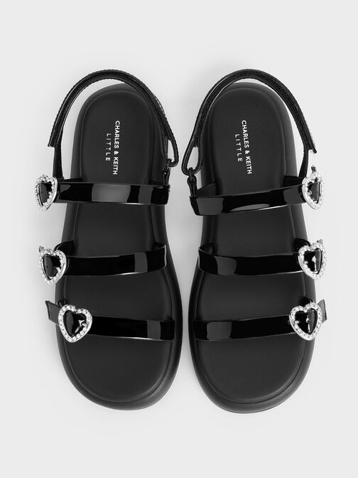 Girls' Patent Heart-Embellished Strappy Sandals, Black Patent, hi-res