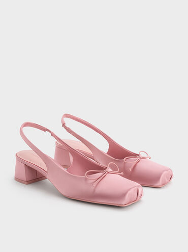Slingbacks de tacón con puntera cuadrada y lazo de satén, Rosa, hi-res
