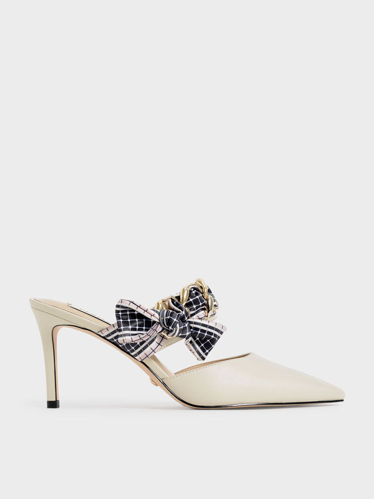 Printed Fabric Bow Leather Mules, Chalk, hi-res