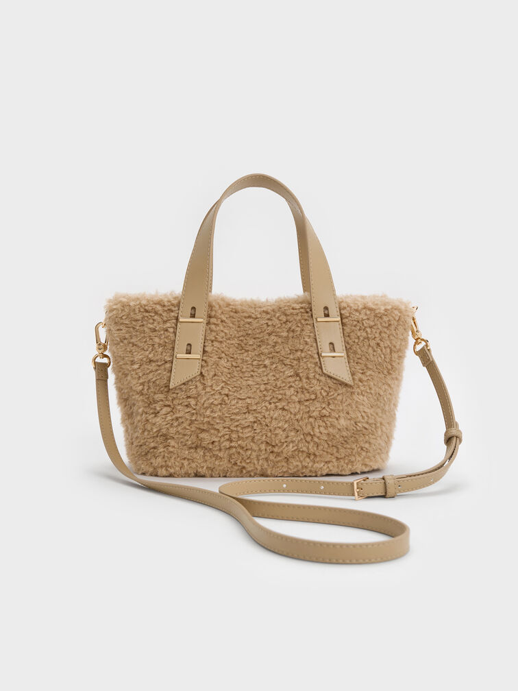 Mini Shania Faux Shearling Double-Handle Tote Bag, Nutmeg Beige, hi-res