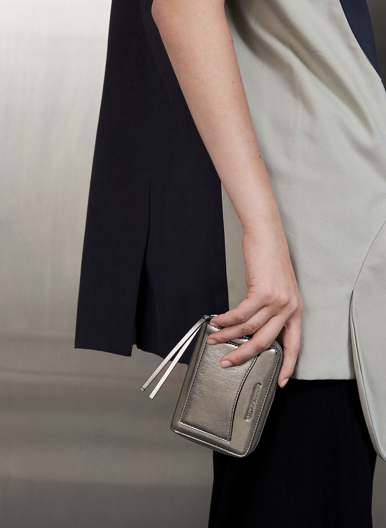 Xylia Metallic Zip-Around Wallet, Pewter, hi-res
