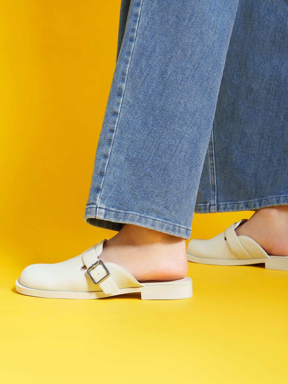 Buckled Round-Toe Loafer Mules, Chalk, hi-res