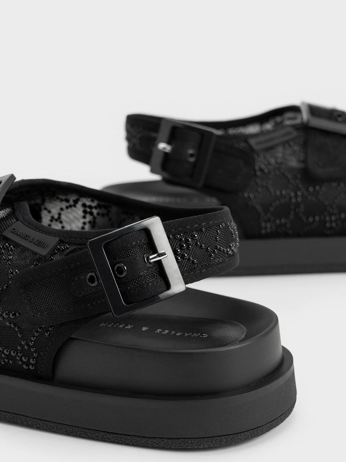 Beaded Mesh Flatform Sandals, Black, hi-res