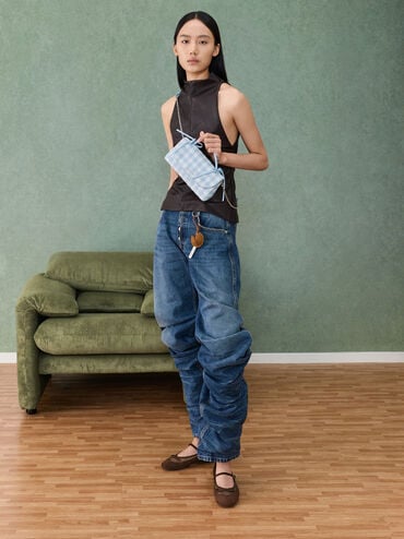 Hazel Gingham Bow Wallet On Chain, Gingham Blue, hi-res