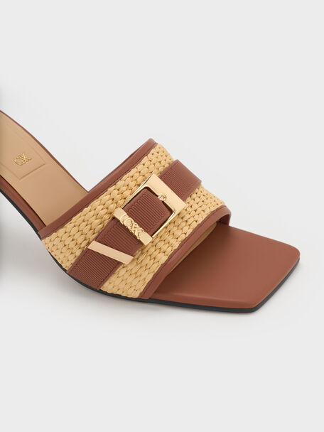 Whitney Leather & Raffia Buckled Heeled Mules, Brown, hi-res
