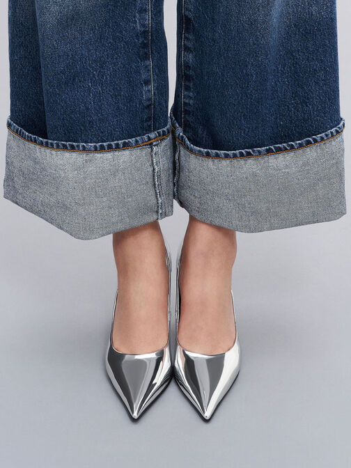 Zapatos de charol metalizado con tacón de aguja y punta estrecha, Plateado, hi-res