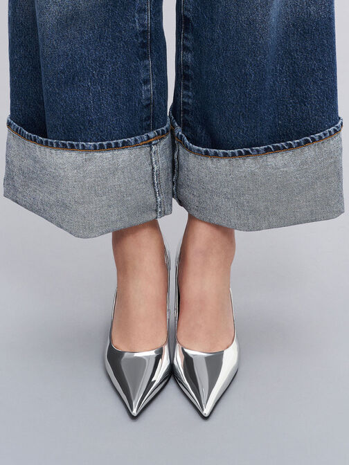 CHARLES Womens Silver Cushioned Varro Pointy Toe Block Heel Slip On Dress Booties M
