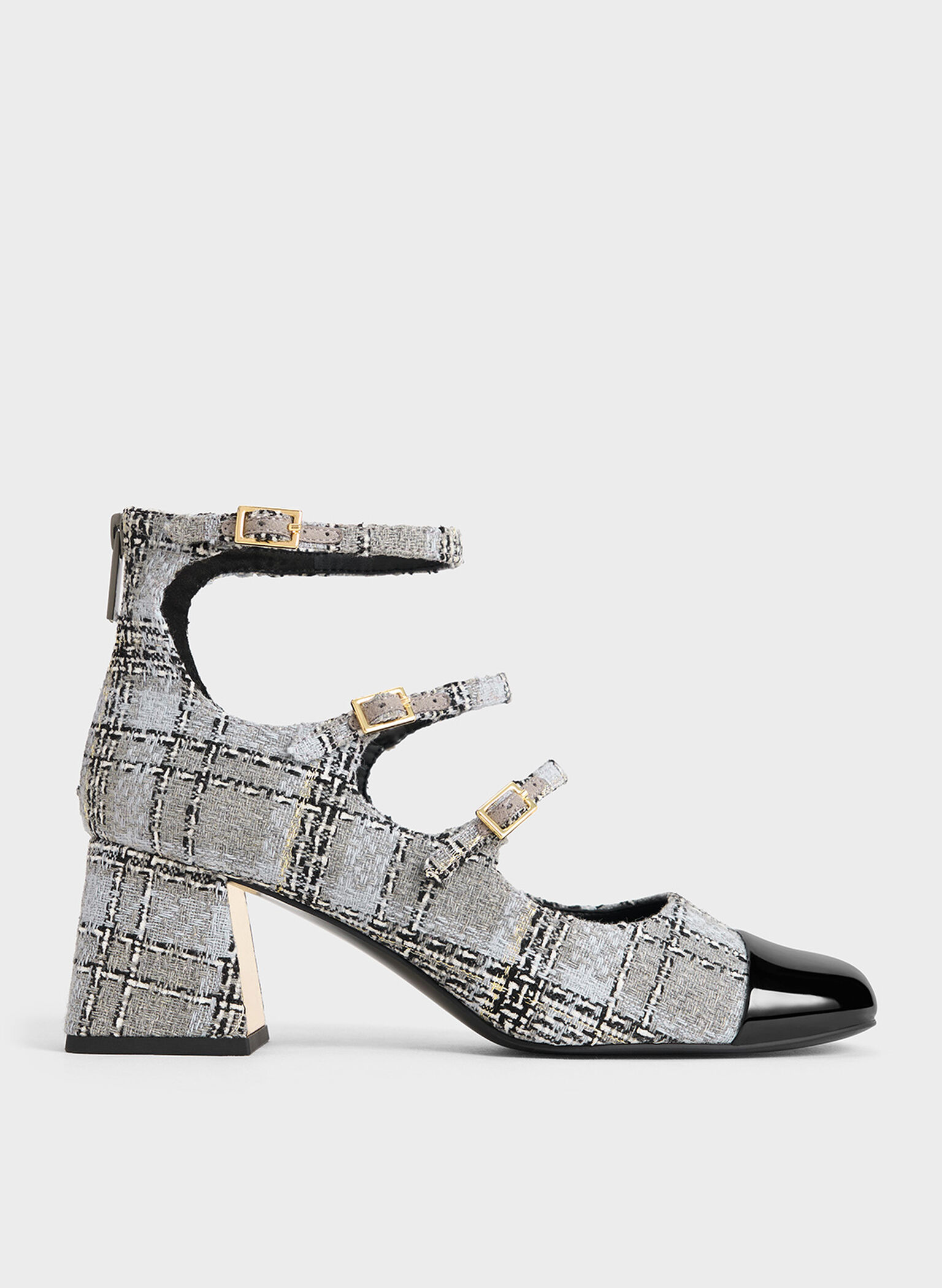 Tacones Mary Jane de tweed con triple correa y puntera acento, Gris, hi-res
