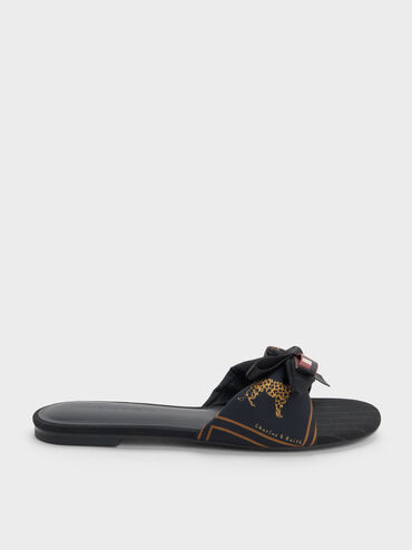 Satin Printed Bow Slide Sandals, Black Textured, hi-res