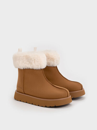 Girls' Faux Suede Fur-Trim Ankle Boots, Brown, hi-res