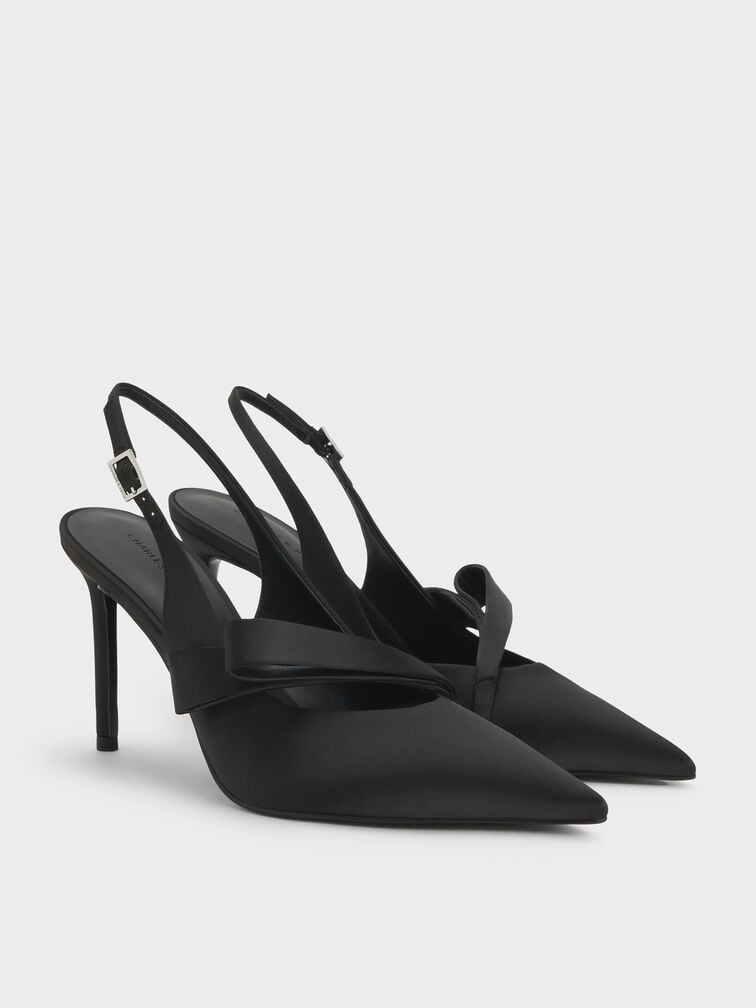 Satin Pleated-Strap Slingback Pumps, Black Textured, hi-res