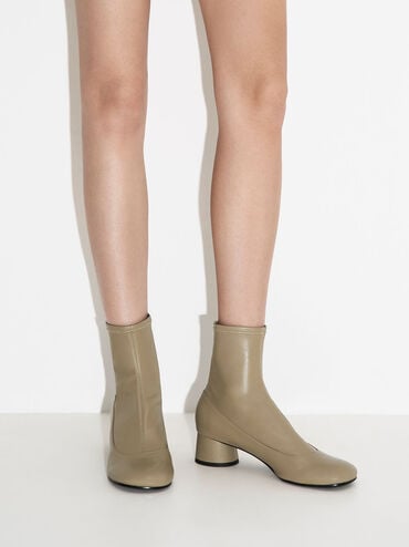Stitch-Trim Cylindrical Heel Ankle Boots, Olive, hi-res