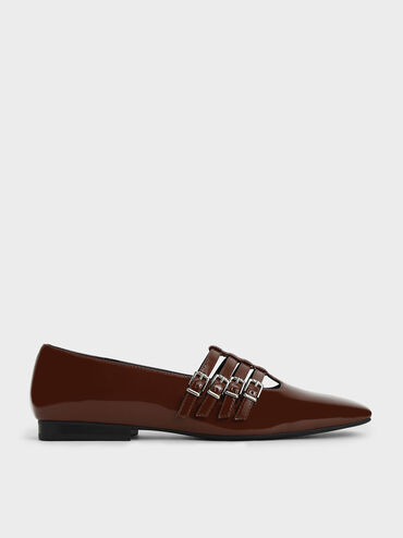 Patent Buckled Mary Jane Flats, Cognac, hi-res
