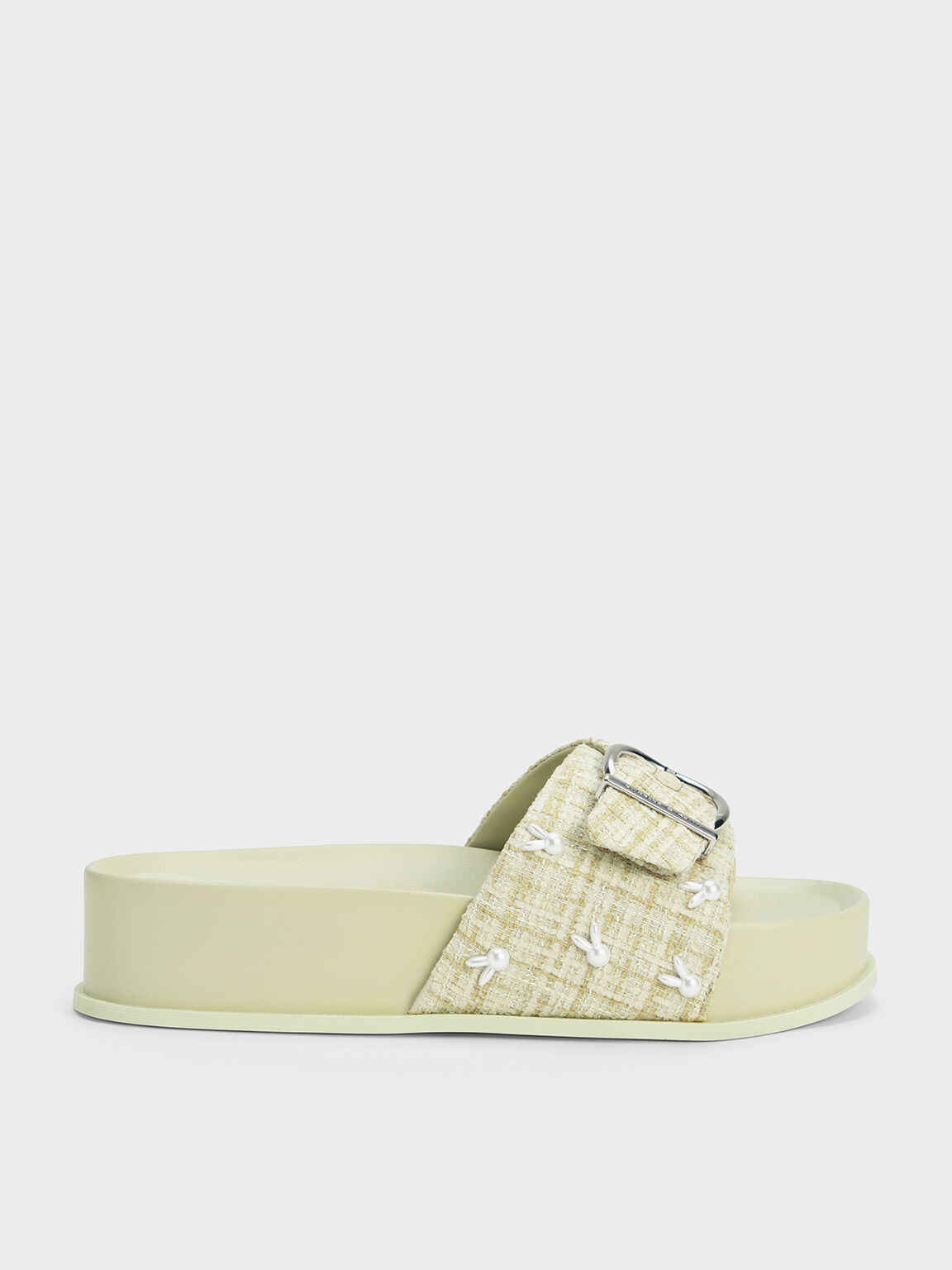 Bunny Tweed Buckled Slides, Green, hi-res