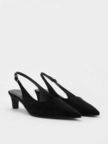 Zapatos destalonados con tacón bajo de gamuza sintética, Negro texturizado, hi-res