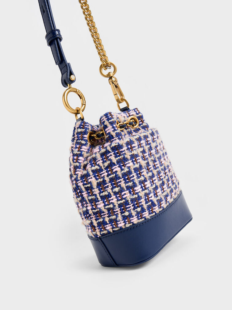 Dancer Tweed Drawstring Bucket Bag, Navy, hi-res