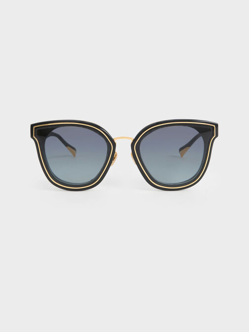 Gold-Trim Rectangular Sunglasses, Black, hi-res