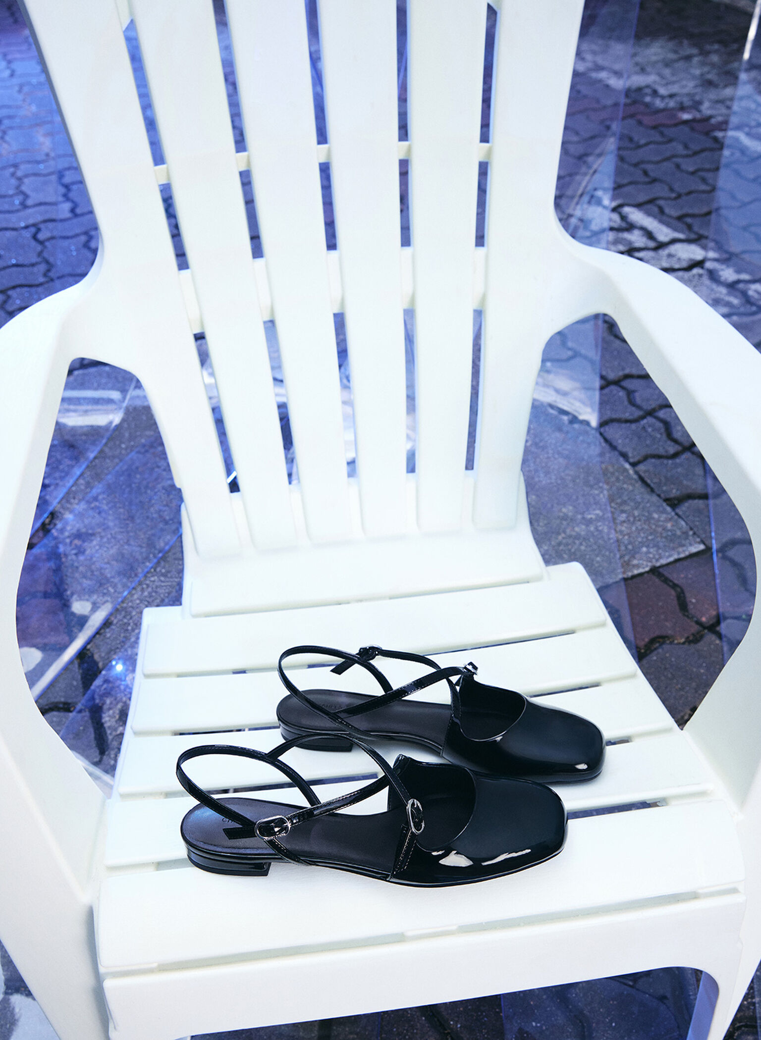 Patent Crossover Buckled Slingback Flats, Black Patent, hi-res
