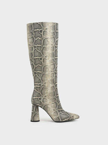Snake Print Knee High Heeled Boots, Grey, hi-res