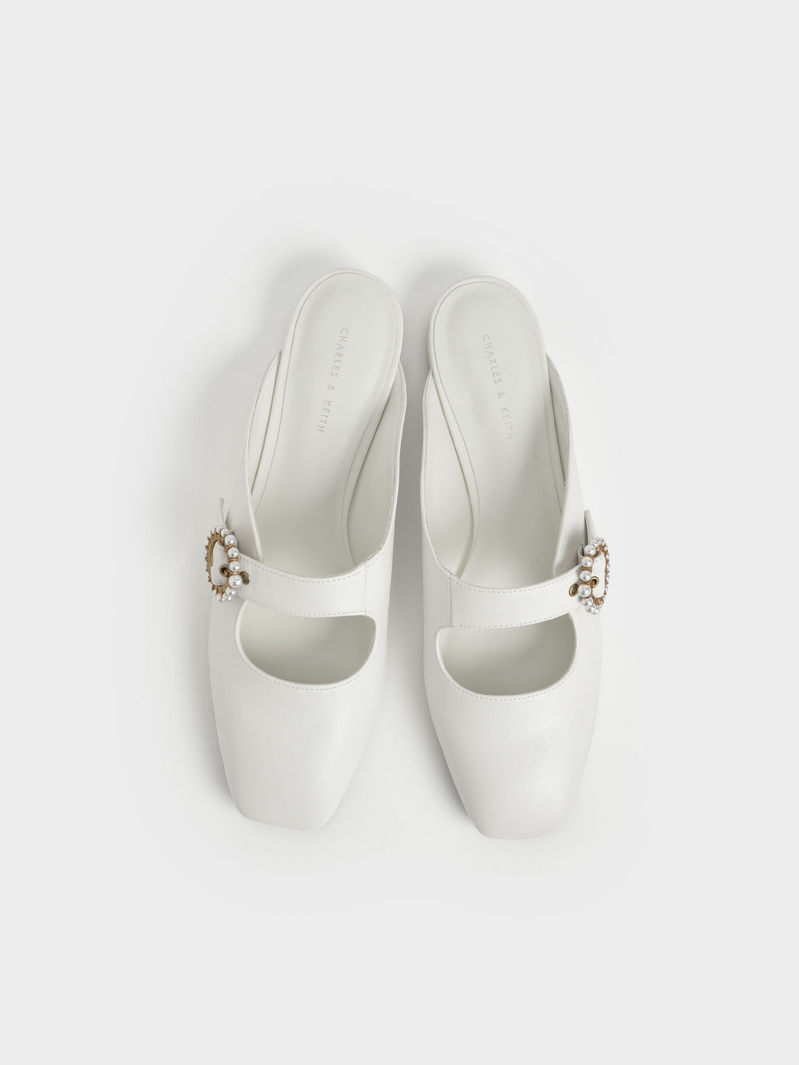 Beaded Buckle Mules, White, hi-res