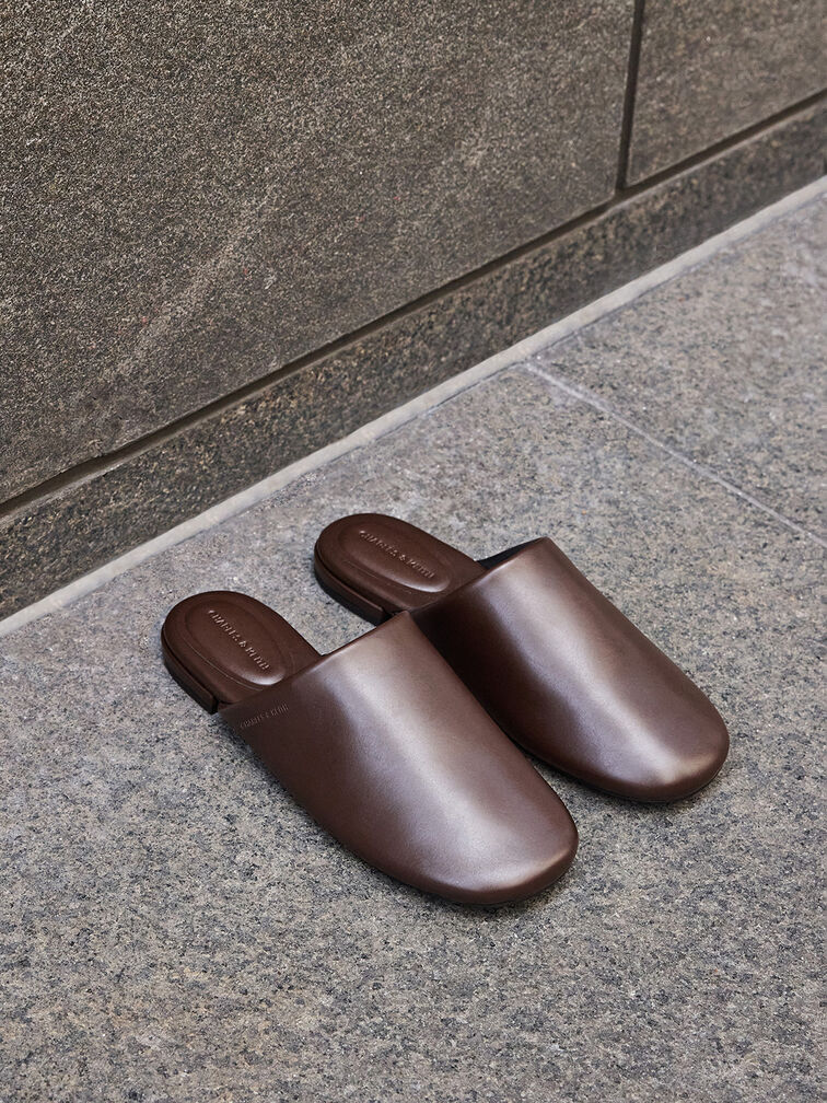 Padded Covered Flat Mules, Brown, hi-res