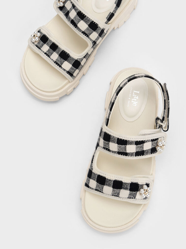 Girls' Floral Beaded Gingham Sports Sandals, Black, hi-res