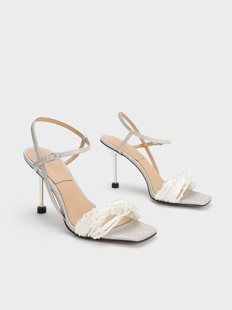Silver Leda Beaded Asymmetric Glittered Sandals - CHARLES & KEITH US