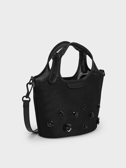 Bolso tote Malla con lentejuelas y flores, negro azabache, hi-res