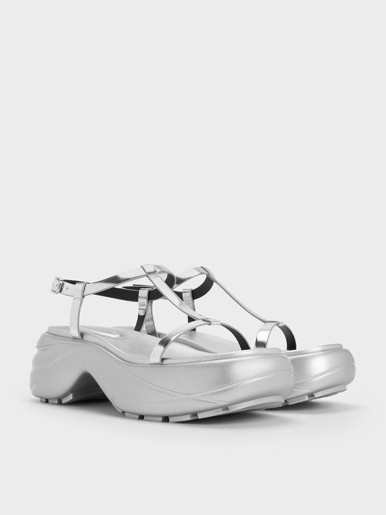 Metallic T-Bar Curved Platform Sports Sandals, Silver, hi-res