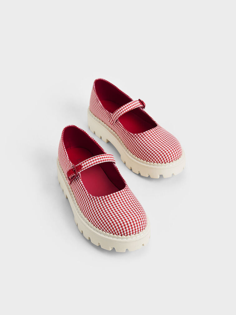 Girls' Check-Print Cleated Sole Mary Janes, Red, hi-res