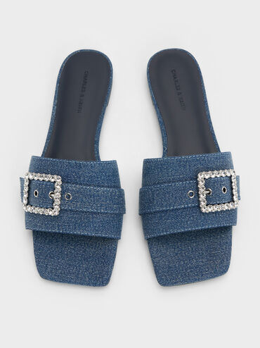 Sandalias denim de puntera cuadrada con hebilla adornada con gemas, Azul mezclilla, hi-res