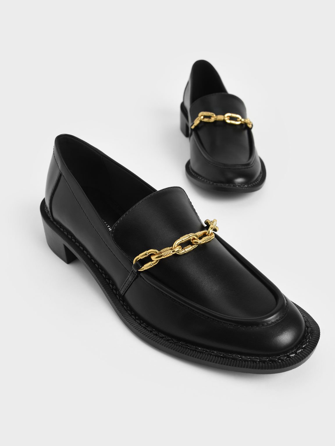 Chunky Chain Link Loafers, Black, hi-res