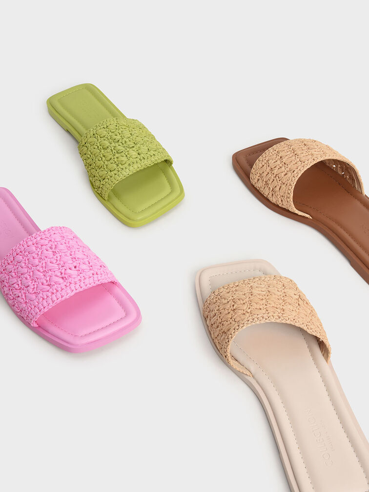 Raffia Slide Sandals, Brown, hi-res